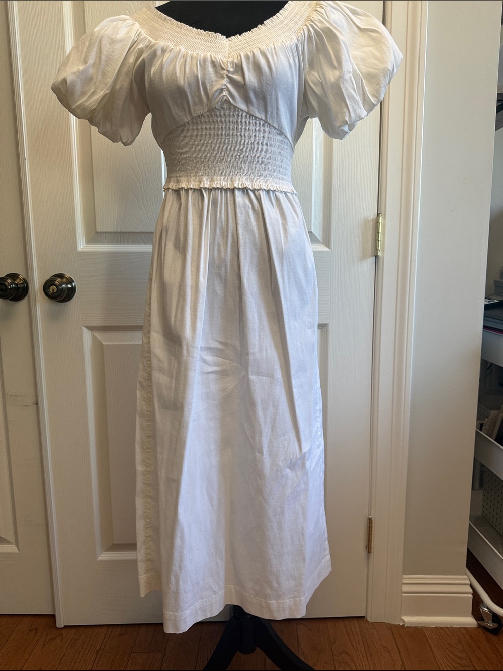 A.L.C. White Puff-Sleeve Smocked Waist Midi Dress